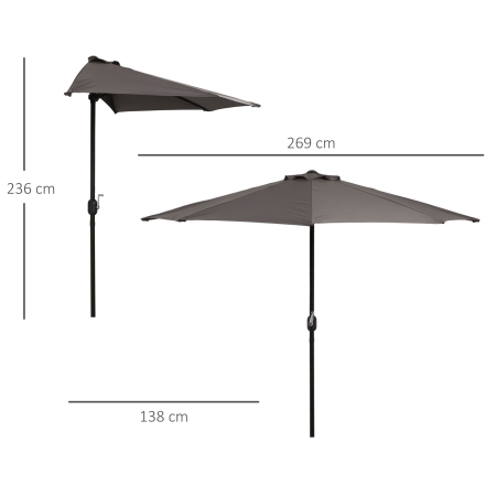  Umbrela Semicirculara de Perete pentru Gradina cu Deschidere cu Manivela din Poliester, Gri 269x138x236cm [2]