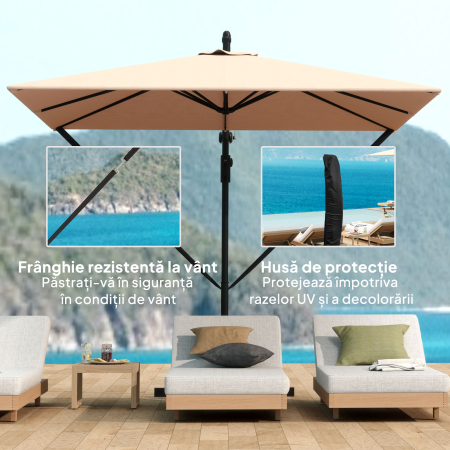  Umbrela Suspendata 2.5x2.5 m cu Acoperire, Corzi Antivant, Baza in Cruce si Manivela, Umbrela de Gradina Inclinabila si Rotativa 360° din Metal si Poliester 180 g/m², UV50+, Gri [3]