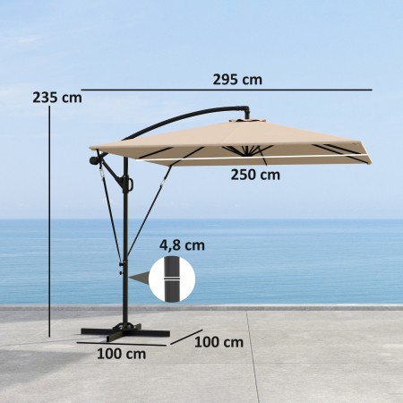  Umbrela Suspendata 2.5x2.5 m cu Acoperire, Corzi Antivant, Baza in Cruce si Manivela, Umbrela de Gradina Inclinabila si Rotativa 360° din Metal si Poliester 180 g/m², UV50+, Gri [2]