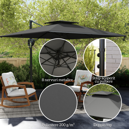  Umbrela Suspendata 2.5x2.5 m cu Baza Umpluta, Manivela si Cap inclinabil, Gri inchis [5]