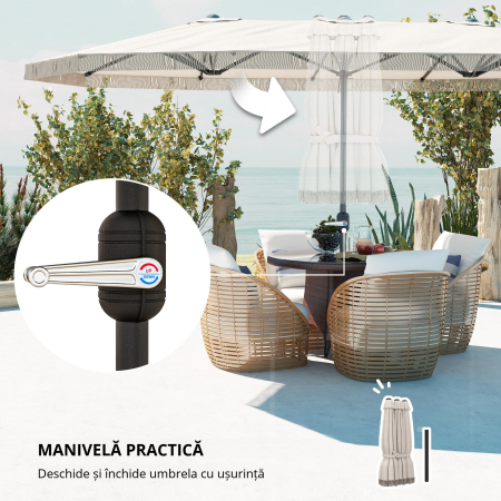  Umbrelon Dublu cu 12 Stecari si Manivela, din Poliester si Otel, 450x265x260 cm, Crem [5]