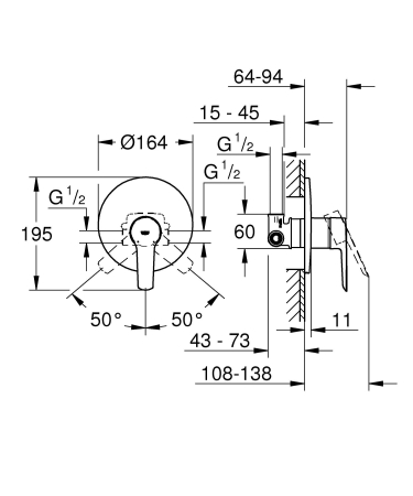 Unitate comanda Grohe 32590002, 1 bar, 163 mm, 11 mm, 1 iesiri, 1 functii palarie dus, 1/2 dimensiune racord, Crom [6]