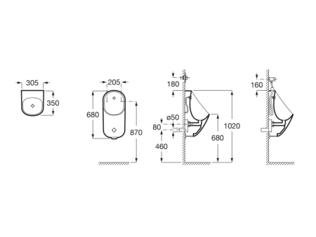 Urinal Roca A3590J3000, 305 mm, 680 mm, 350 mm, pe perete, spate, orizontala, interior zona montaj, Alb [1]