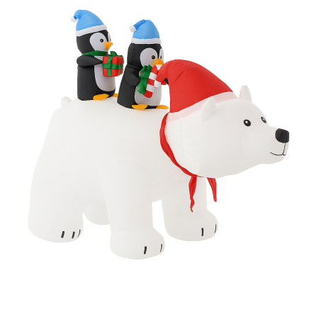 Urs polar gonflabil de exterior, iluminare LED, cu doi pinguini, compresor integrat, 200x120x80 cm, alb [3]