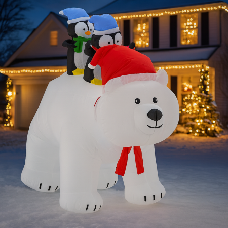 Figurine Craciun - Urs polar gonflabil de exterior, iluminare LED, cu doi pinguini, compresor integrat, 200x120x80 cm, alb