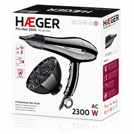 Uscator de par HAEGER PRO HAIR, Putere 2300 W, Motor DC profesional, 2 viteze, 3 nivele de temperatura, Concentrator si difuzor incluse, Negru [6]
