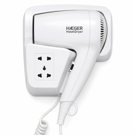 Uscatoare de par - Uscator de par pentru hotel HAEGER HOTEL DRYER, Putere 1200 W, Motor DC, 1 viteza, 1 nivel de temperatura, Suport cu priza, Alb