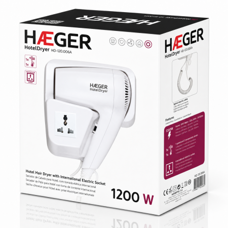 Uscator de par pentru hotel HAEGER HOTEL DRYER, Putere 1200 W, Motor DC, 1 viteza, 1 nivel de temperatura, Suport cu priza, Alb [3]