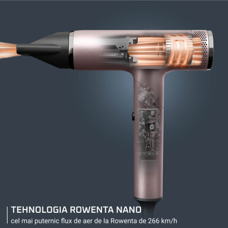 Uscator de par pliabil Rowenta Nano HY8530E0, 1700W, 3 trepte de viteza, 3 trepte de temperatura, 2 concentratoare, functie aer rece, generator de ioni, grilaj detasabil, roz & negru [3]