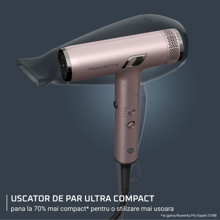 Uscator de par pliabil Rowenta Nano HY8530E0, 1700W, 3 trepte de viteza, 3 trepte de temperatura, 2 concentratoare, functie aer rece, generator de ioni, grilaj detasabil, roz & negru [6]