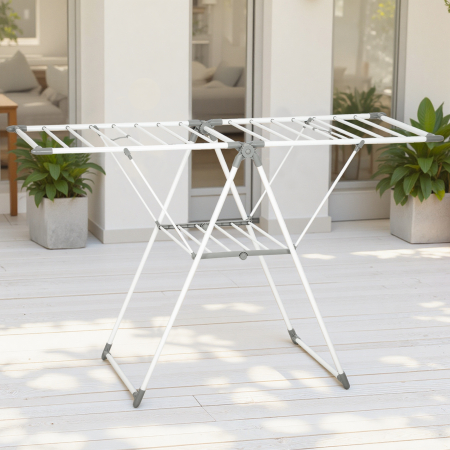  Uscator de Rufe cu 2 Niveluri Reglabil pe 4 inaltimi, Uscator cu Picioare Antiderapante din Metal si Plastic, 156,5x61,5x97 cm, Alb [7]