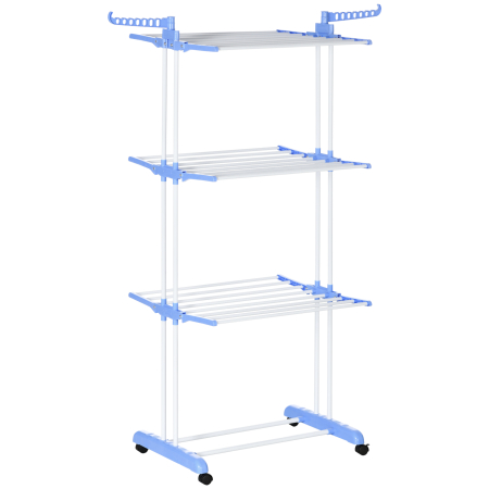 Accesorii baie -  Uscator de rufe extensibil pe 4 niveluri cu 4 roti, din otel si pp, 73x64x177 cm, Albastru si Argintiu