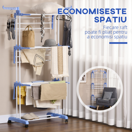  Uscator de rufe extensibil pe 4 niveluri cu 4 roti, din otel si pp, 73x64x177 cm, Albastru si Argintiu [5]