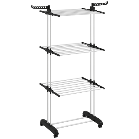Suporturi si accesorii de baie -  Uscator de rufe pliabil cu 4 nivele, aripi pivotante si 4 roti, din otel si PP, 73x64x177 cm, negru
