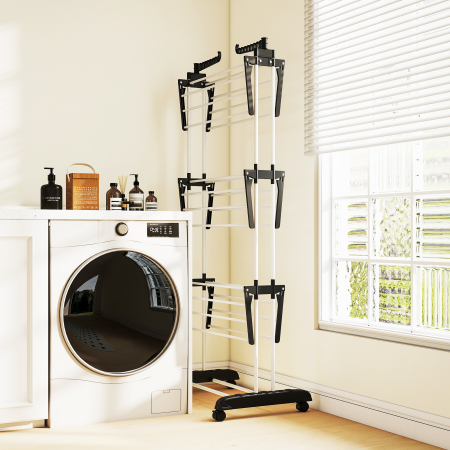  Uscator de rufe pliabil cu 4 nivele, aripi pivotante si 4 roti, din otel si PP, 73x64x177 cm, negru [8]