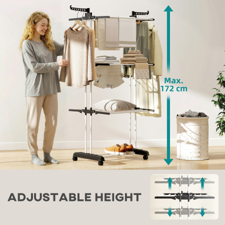  Uscator de rufe pliabil cu 4 nivele, aripi pivotante si 4 roti, din otel si PP, 73x64x177 cm, negru [3]