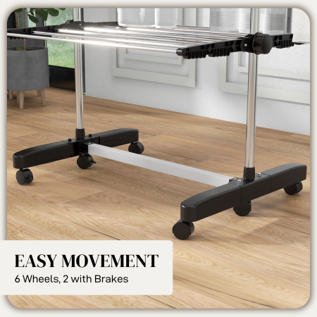  Uscator de Rufe Pliabil, Uscator Tip Turn cu 6 Roti, Carlige si 4 Rafturi Reglabile, 142x55x172 cm, Argintiu [6]