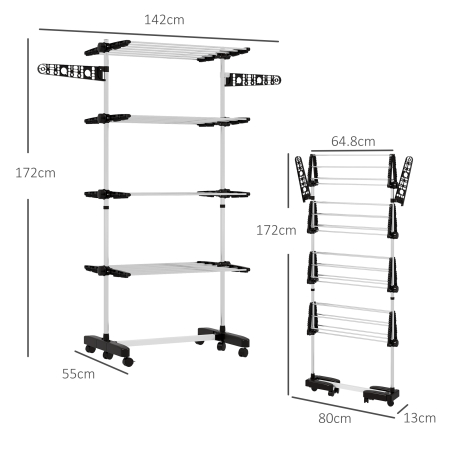  Uscator de Rufe Pliabil, Uscator Tip Turn cu 6 Roti, Carlige si 4 Rafturi Reglabile, 142x55x172 cm, Argintiu [2]