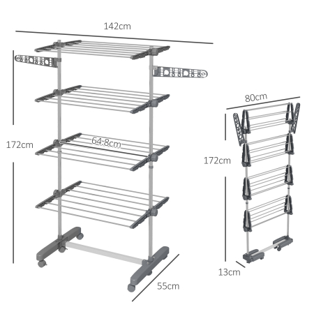  Uscator de Rufe Pliabil, Uscator Vertical cu 6 Roti, Carlige si 4 Rafturi Reglabile, 142x55x172 cm, Argintiu [2]
