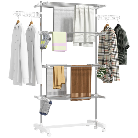  Uscator de Rufe Vertical Pliabil cu 6 Roti, Carlige si 4 Rafturi Reglabile, 142x55x172 cm, Alb [0]