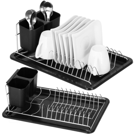 Uscator de vase cu suport tacamuri, din otel cromat, cu tava de scurgere, 40x19x13cm, negru [15]