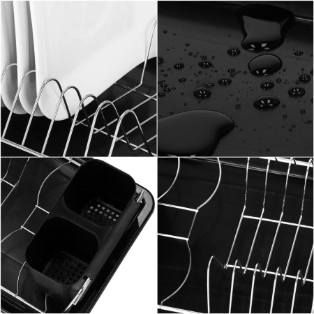 Uscator de vase cu suport tacamuri, din otel cromat, cu tava de scurgere, 40x19x13cm, negru [5]