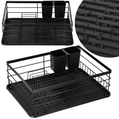 Uscator de vase cu suport tacamuri, din otel, cu tava de scurgere, 42x32x15cm, negru [26]