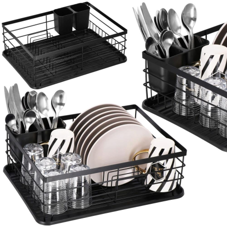 Uscator de vase cu suport tacamuri, din otel, cu tava de scurgere, 42x32x15cm, negru [7]