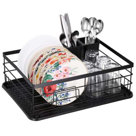 Uscator de vase cu suport tacamuri, din otel, cu tava de scurgere, 42x32x15cm, negru [4]