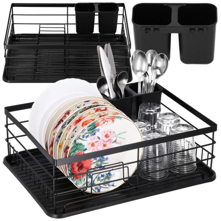 Uscator de vase cu suport tacamuri, din otel, cu tava de scurgere, 42x32x15cm, negru [25]