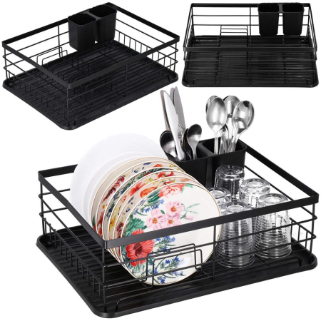 Uscator de vase cu suport tacamuri, din otel, cu tava de scurgere, 42x32x15cm, negru [1]