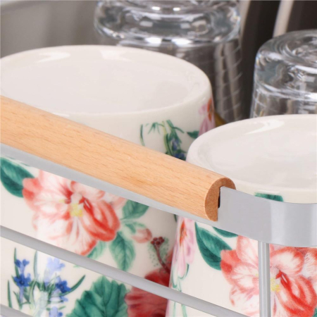 Uscator de vase cu suport tacamuri, din otel, cu tava de scurgere, manere lemn, 42x32x15cm, gri [16]