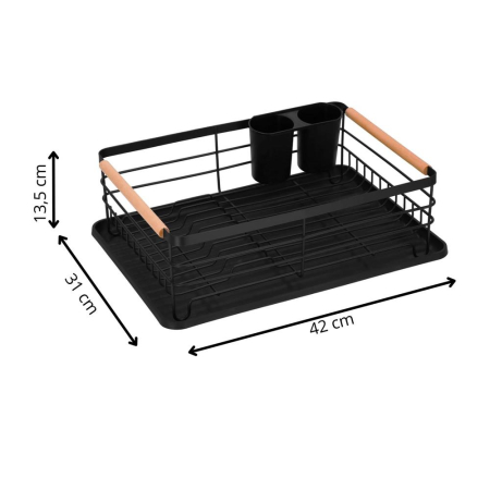 Uscator de vase cu suport tacamuri, din otel, cu tava de scurgere, manere lemn, 42x32x15cm, negru [27]