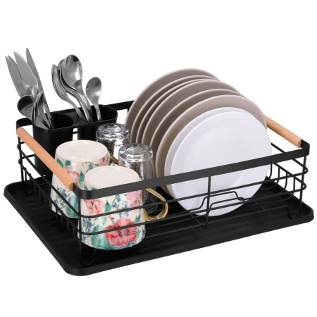 Uscator de vase cu suport tacamuri, din otel, cu tava de scurgere, manere lemn, 42x32x15cm, negru [14]