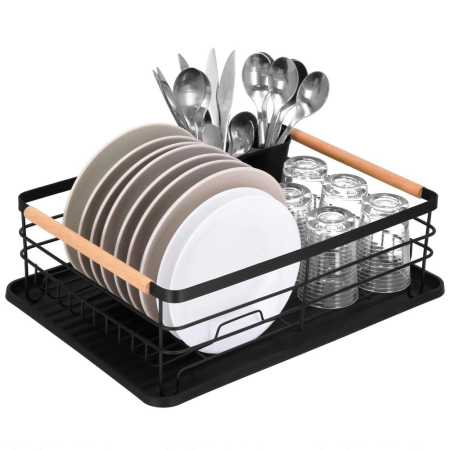 Uscator de vase cu suport tacamuri, din otel, cu tava de scurgere, manere lemn, 42x32x15cm, negru [4]