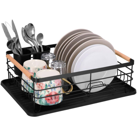 Uscator de vase cu suport tacamuri, din otel, cu tava de scurgere, manere lemn, 42x32x15cm, negru [7]