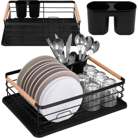 Uscator de vase cu suport tacamuri, din otel, cu tava de scurgere, manere lemn, 42x32x15cm, negru [10]