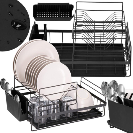 Uscator de vase cu suport tacamuri, din otel, pe 2 nivele, cu tava de scurgere, 50x30x24cm, negru [11]