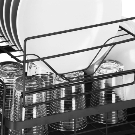 Uscator de vase cu suport tacamuri, din otel, pe 2 nivele, cu tava de scurgere, 50x30x24cm, negru [5]