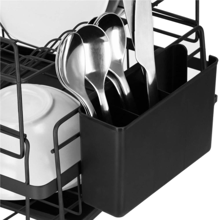 Uscator de vase cu suport tacamuri, din otel, pe 2 nivele, cu tava de scurgere, 50x30x24cm, negru [17]