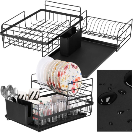 Uscator de vase cu suport tacamuri, din otel, pe 2 nivele, cu tava de scurgere, 50x30x24cm, negru [8]