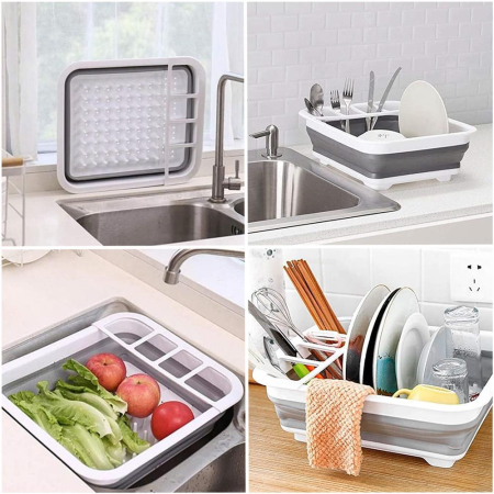 Uscator de vase pliabil, din pastic si silicon, 36x31x12cm, suport tacamuri, alb si gri [6]