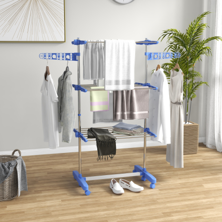  Uscator Vertical cu 3 Rafturi Reglabile, din Otel si Plastic, 142x55x152 cm, Albastru si Argintiu [1]