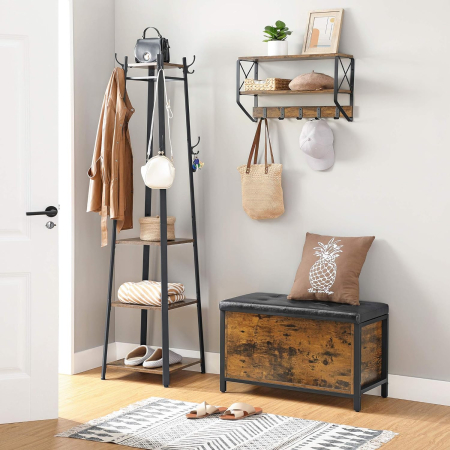 VASAGLE Banca cu lada de depozitare, perna captusita, piele sintetica neagra, 40x80x50cm, maro rustic [1]