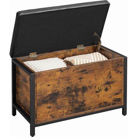 Mobila dormitor - VASAGLE Banca cu lada de depozitare, perna captusita, piele sintetica neagra, 40x80x50cm, maro rustic