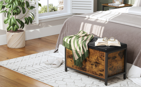 VASAGLE Banca cu lada de depozitare, perna captusita, piele sintetica neagra, 40x80x50cm, maro rustic [6]