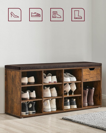VASAGLE Banca de depozitare cu suport pentru pantofi, 10 compartimente si dulap, cu perna, 30x104x48cm, maro rustic [2]