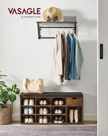 VASAGLE Banca de depozitare cu suport pentru pantofi, 10 compartimente si dulap, cu perna, 30x104x48cm, maro rustic [1]