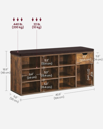 VASAGLE Banca de depozitare cu suport pentru pantofi, 10 compartimente si dulap, cu perna, 30x104x48cm, maro rustic [6]