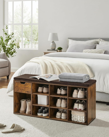 VASAGLE Banca de depozitare cu suport pentru pantofi, 10 compartimente si dulap, cu perna, 30x104x48cm, maro rustic [7]